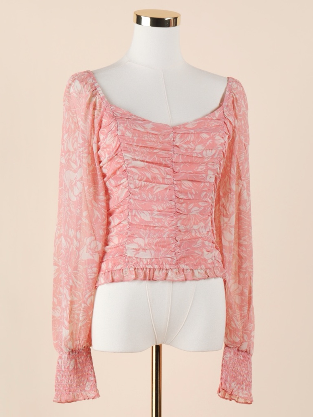 Sz S Promesa Pink Floral Combo Sweetheart Ruched Long Puff Sleeve Blouse NWT